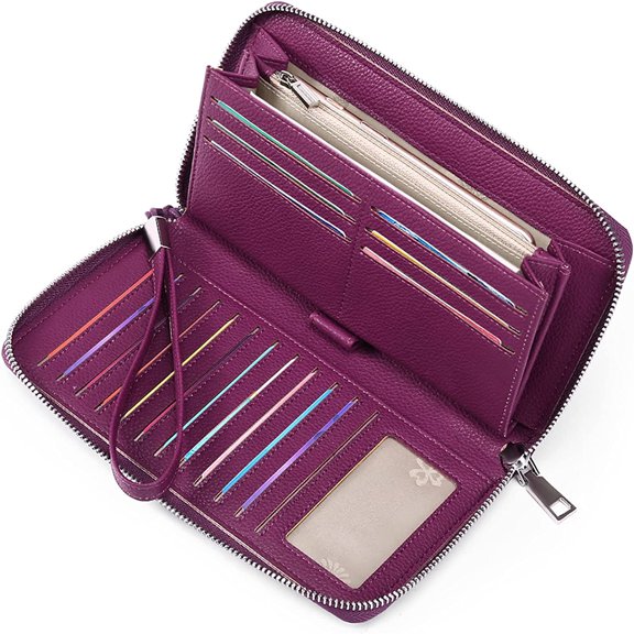 Women's wallet, large capacity leather women's wallet, zip clutch, bracelet with RFID blocking,Great gift for Wife, Girlfriend/Deep purple
