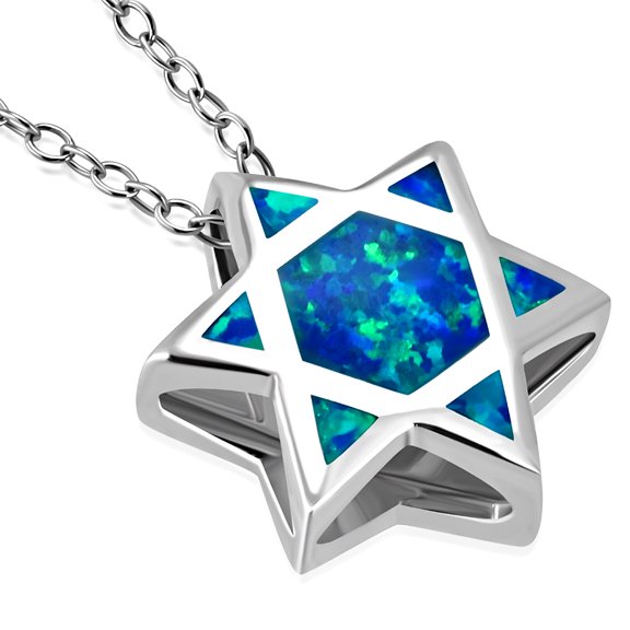 925 Sterling Silver Womens Simulated Opal Blue Star of David Pendant Necklace