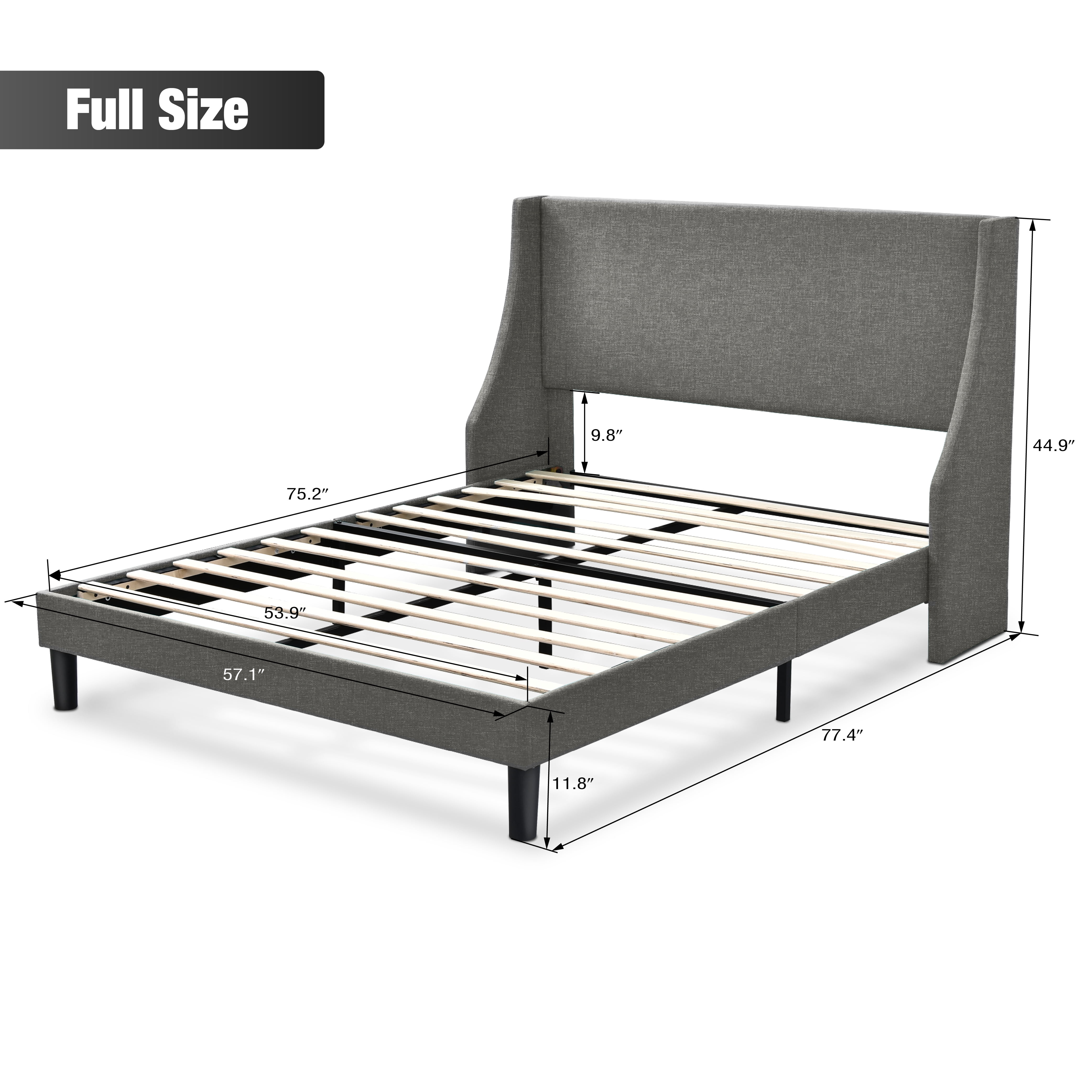 Allewie Full Size Fabric Upholstered Platform Bed Frame with Wingback Headboard, Light Grey