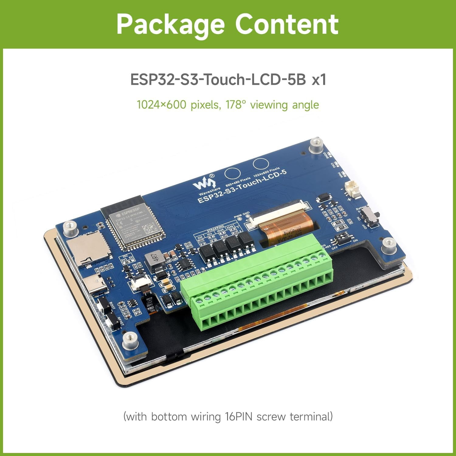 ESP32-S3 5inch Capacitive Touch Display Development Board, 5-Point Touch, 32-Bit LX7 Dual-Core Processor, Support Wi-fi & BLE, with Onboard Antenna, 1024x600 Display Resolution