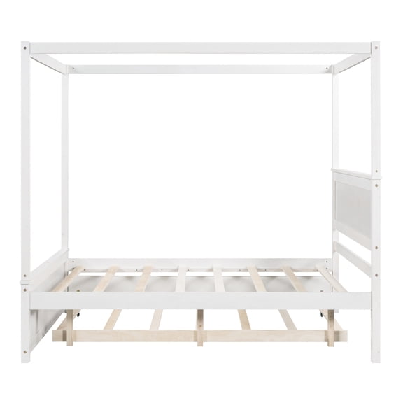 imerelez Wood Canopy Bed with Trundle Bed ,Full Size Canopy Platform bed With Support Slats .No Box Spring Needed, Brushed White