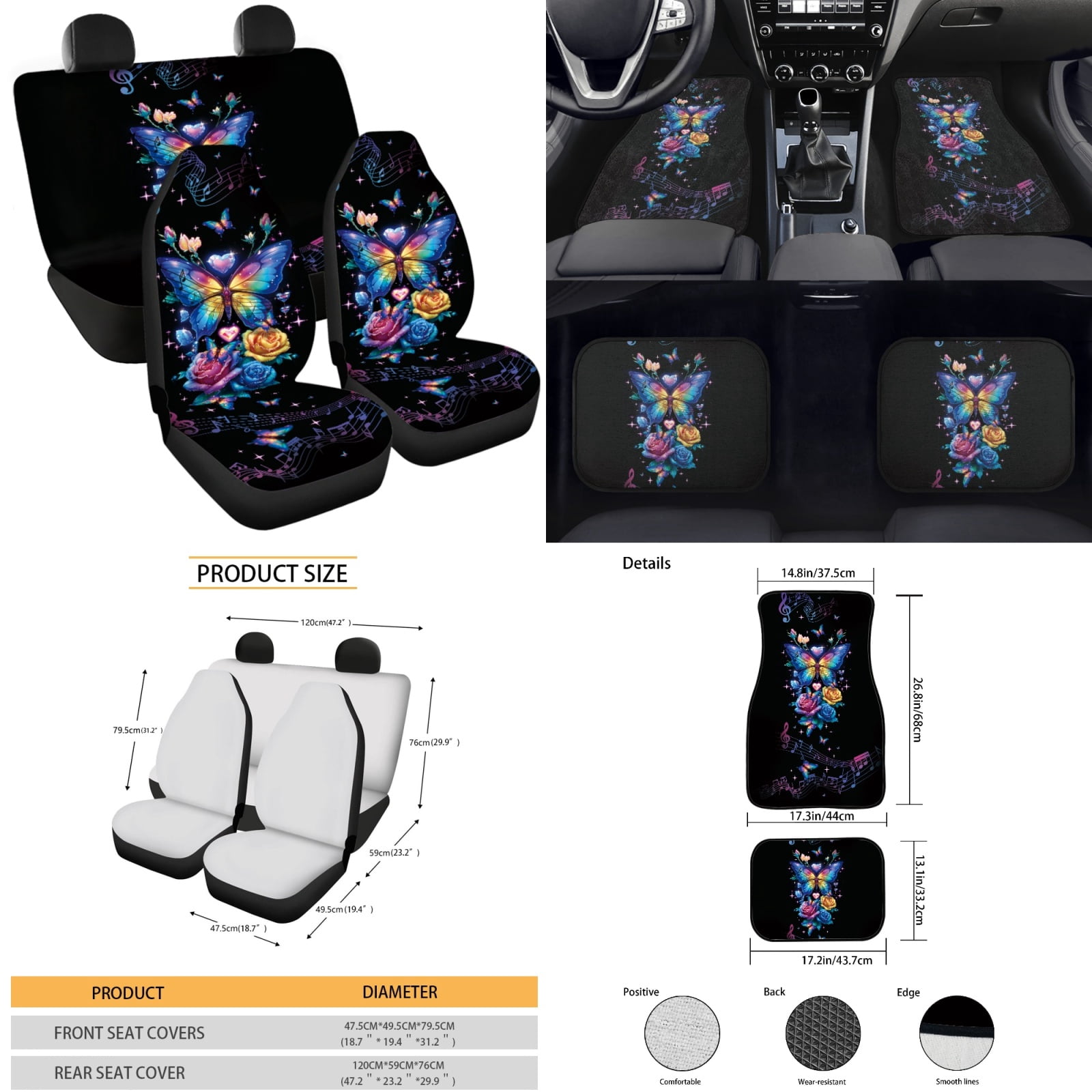 Yuyamidu Colorful Car Seat Cover Full Set of 15 Butterfly Rose Auto Carpet Mats Steering Wheel Cover Seat Belt Covers Car Handbrake Cover Set Coasters