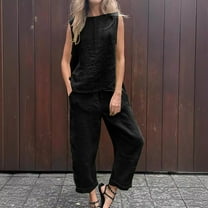 Itsame Womens 2 Piece Sets, Crewneck Sleeveless Tops Pants Cotton Linen Outfits Black M