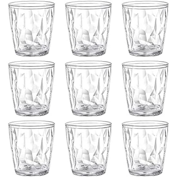 9 Pack 10-ounce Plastic Water Tumblers, Transparent Drinking Glasses, Clear Acrylic Reusable Juice Wine Cups Stackable for Home, Picnic Party