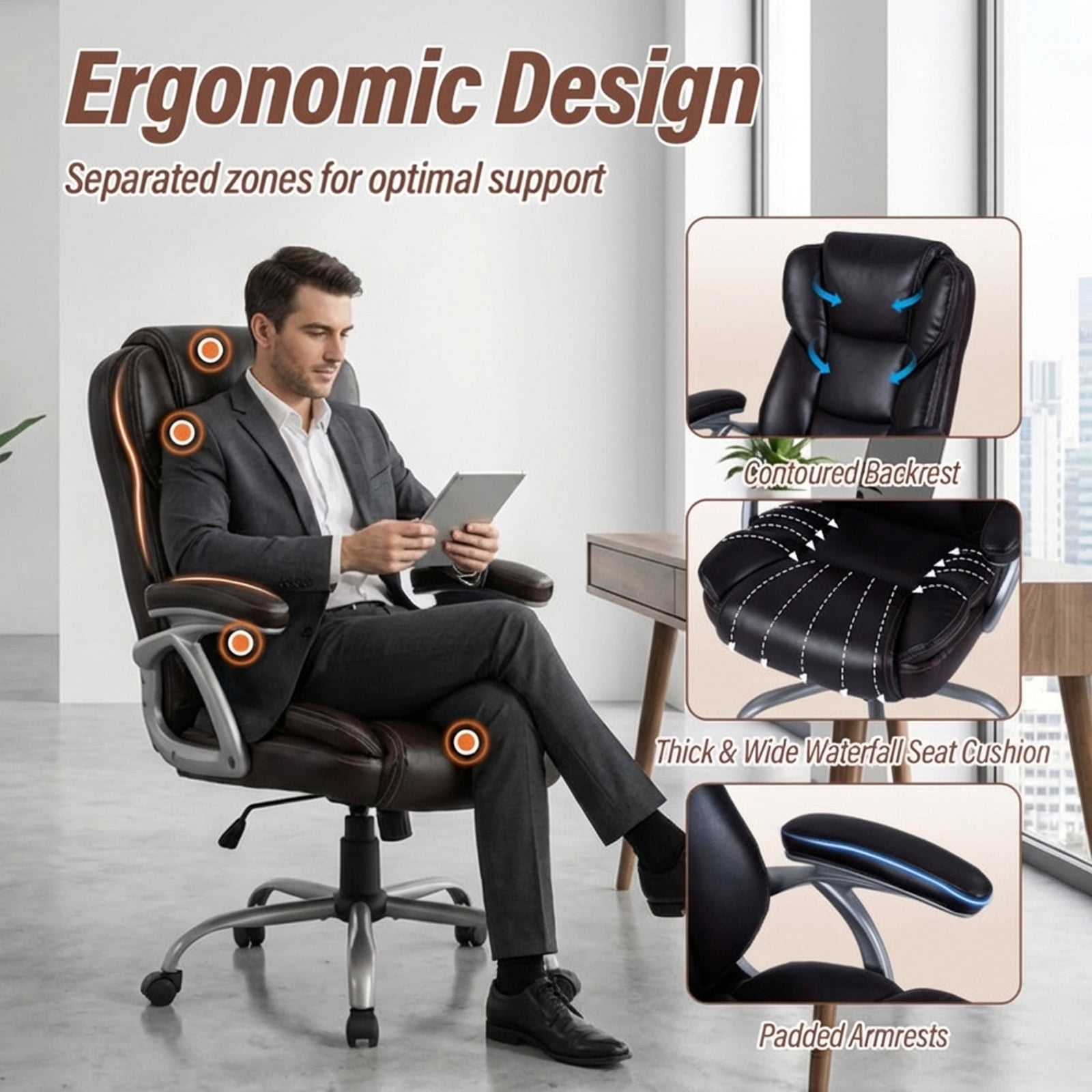Furnibear Executive Office Chair High Back Leather Ergonomic with Padded Armrests Lumbar Support Swivel Task Chair for Home Office, Brown
