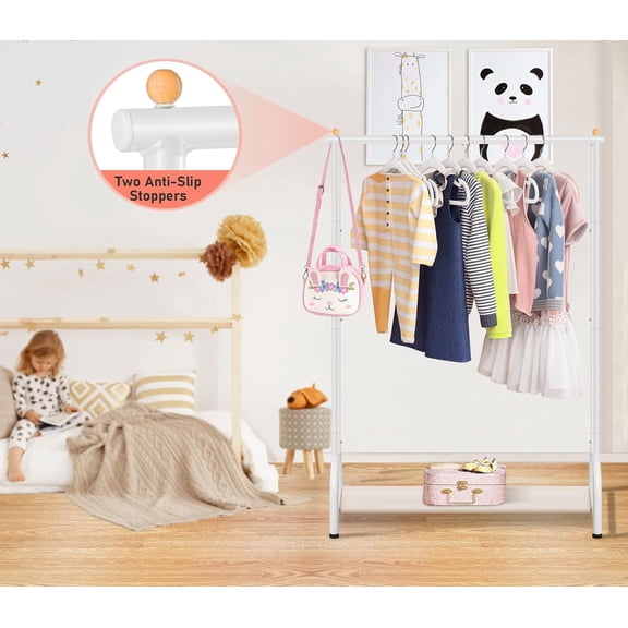Kids Clothing Rack, Small Baby Clothes Rack with Bottom Storage Shelf, Kids Dress Up Rack Storage for Coats, Dance Costume Garment Rack for Hanging Clothes, White