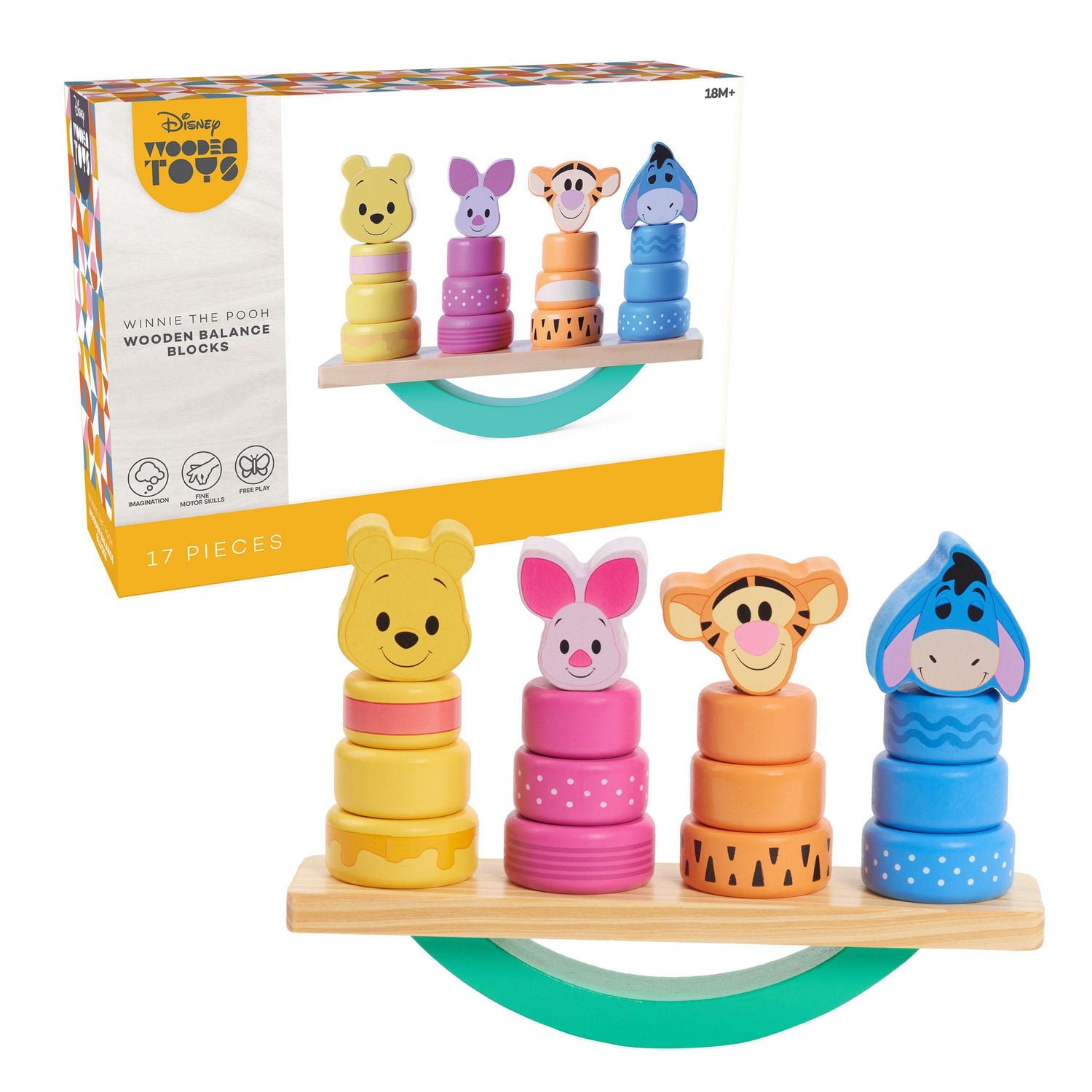 Disney Wooden Toys Winnie the Pooh Balance Blocks, 17-Piece Set Features Winnie the Pooh, Piglet, Tigger, and Eeyore