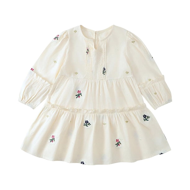 Odeerbi 2-10 Años Niñas Princesas Vestidos Florales Cuello Redondo Vestido Algodón Cuello Redondo Botones Vestido Manga Larga