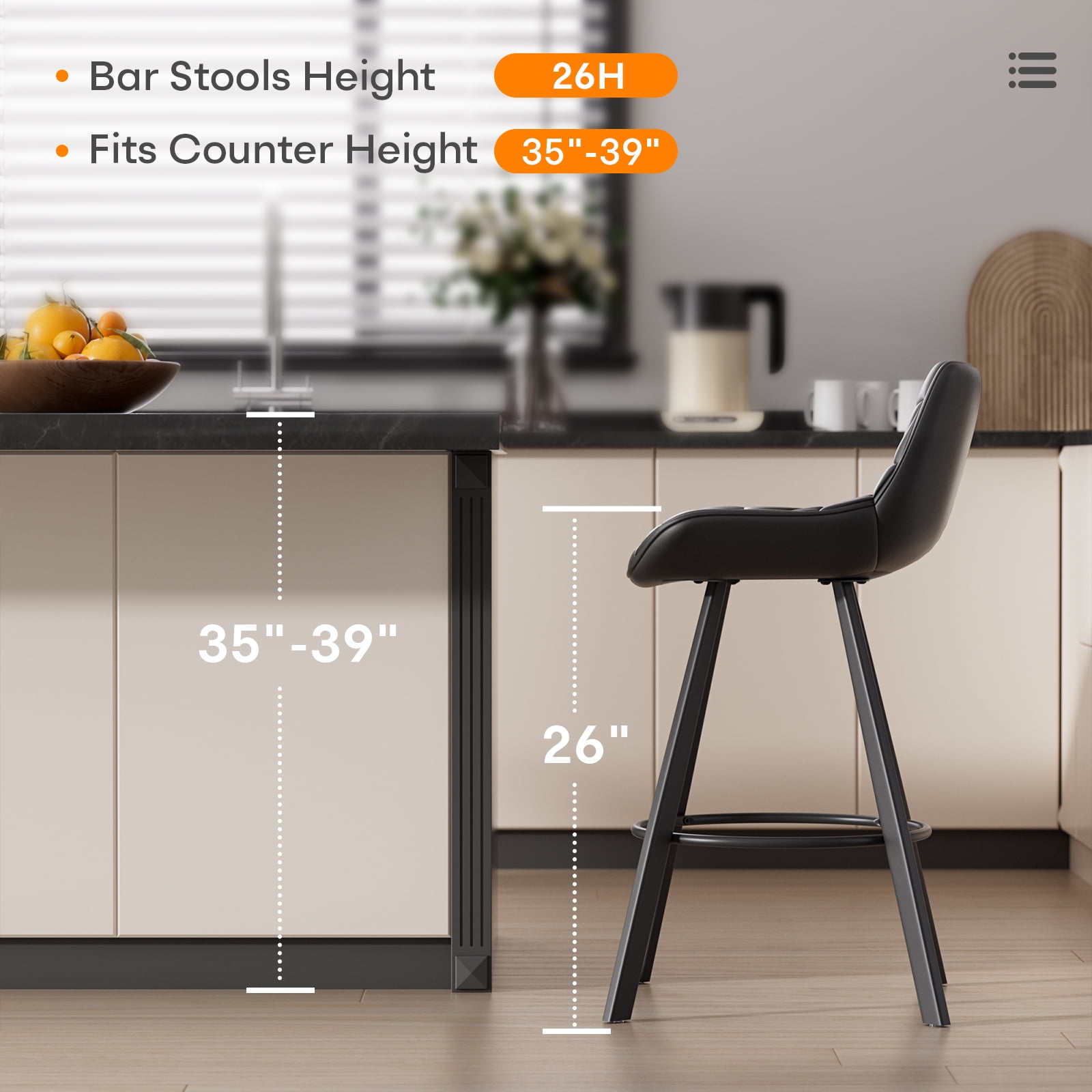 HomeZeer Bar Stools Set of 6, 26" Counter Height Bar Stools with Low Back and Footrest, PU Leather Upholstered Seat, Metal Legs Bar Chairs for Kitchen Island Dining, Black