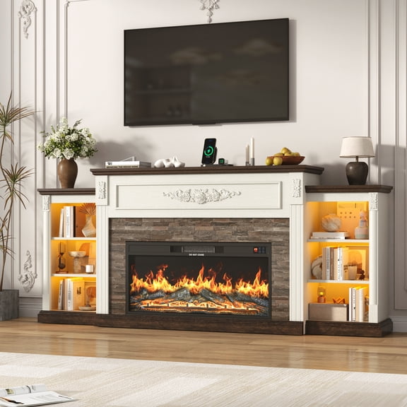 ANPOO 85" Electric Fireplace with Mantel, Fireplace TV Stand with 36" Fireplace for TVs Up to 95 Inch, 37.6" Tall Farmhouse Entertainment Center with LED Lights & Charging Station, Carved Decoration