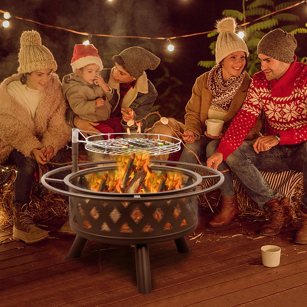 Spaco 30in Outdoor Metal Fire Pit with Cooking Grates Black, Outdoor Wood Burning Firepit