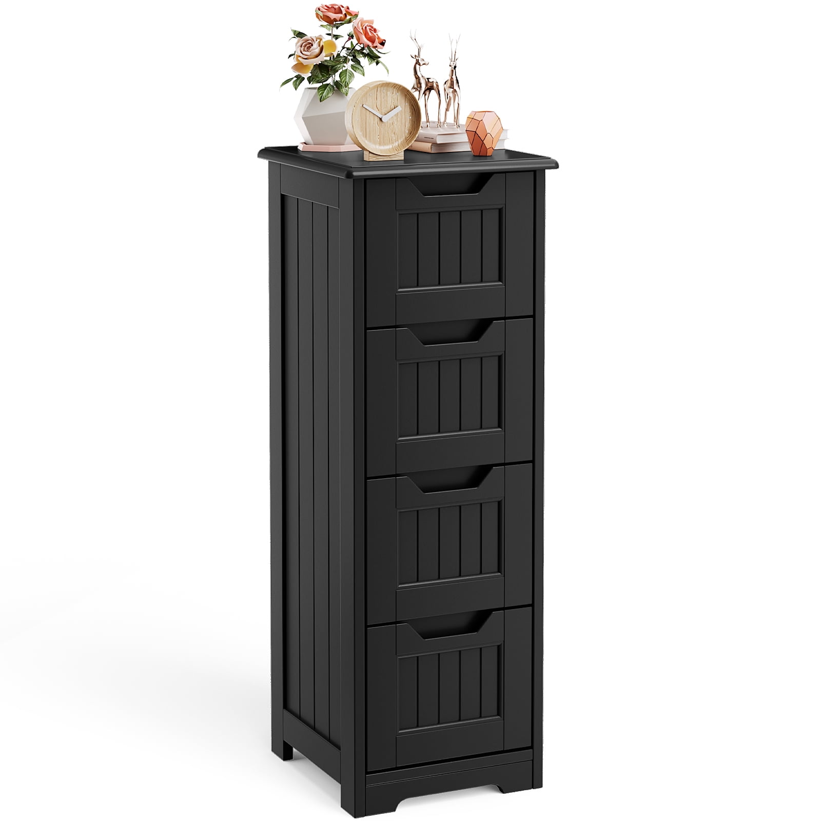 Noelse Bathroom Floor Cabinet Wooden Storage Cabinet with 4 Drawers Free-Standing Cabinet for Hallway Living Room and Bathroom, Black