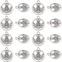 100pcs Tibetan Style Alloy Pendants Flat Round with Flower Scotland Thistle Charms Antique Silver Necklace Pendants for Women Men Jewelry Making Crafting DIY