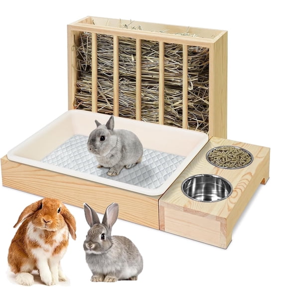 ZULAR 3-in-1 Wooden Rabbit Hay Feeder & Litter Box, Small Animal Toilet with 2 Bowls, Guinea Pig Foraging Toy
