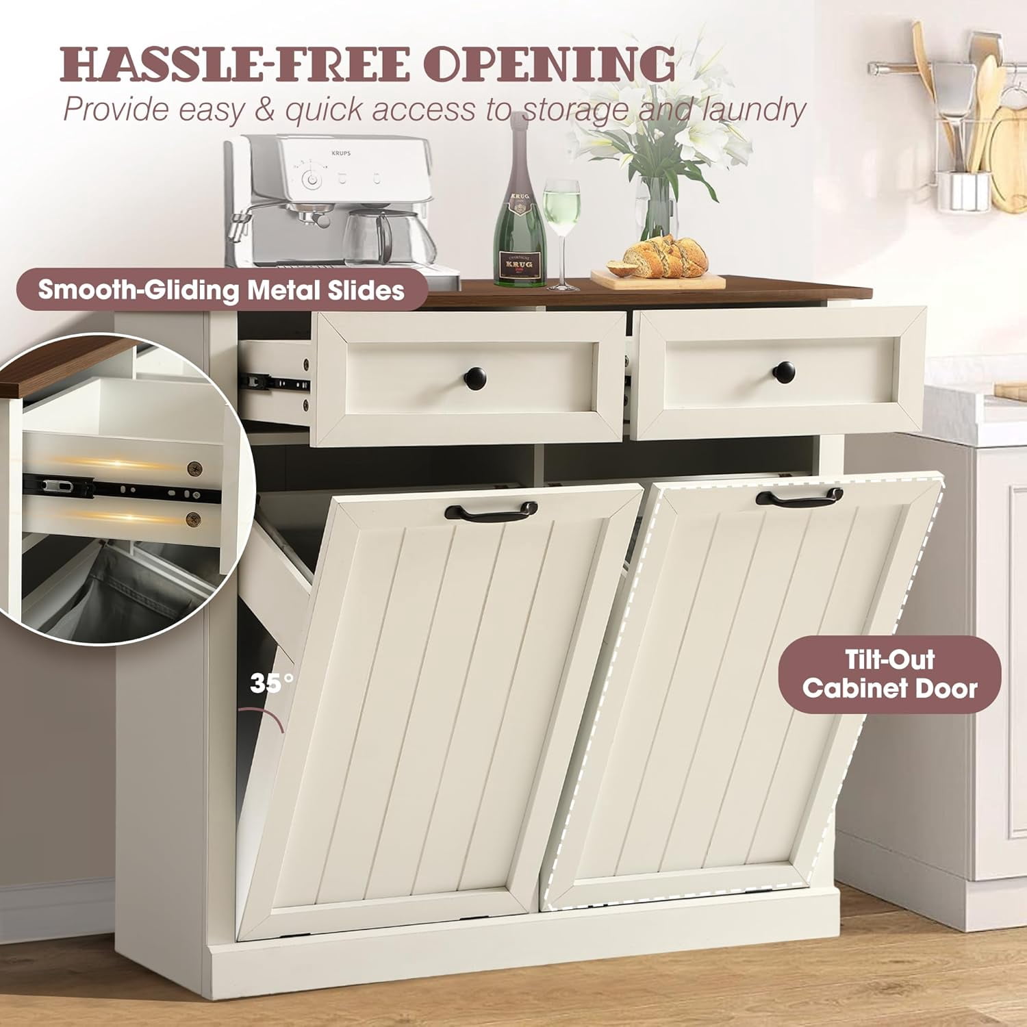 Haverchair Double Tilt Out Laundry Hamper Cabinet, Modern Farmhouse Trash Can Cabinet w/2 Drawers, Wooden 20 Gallon Hidden Garbage Cabinets with 2 Laundry Storage Baskets for Kitchen and Bathroom