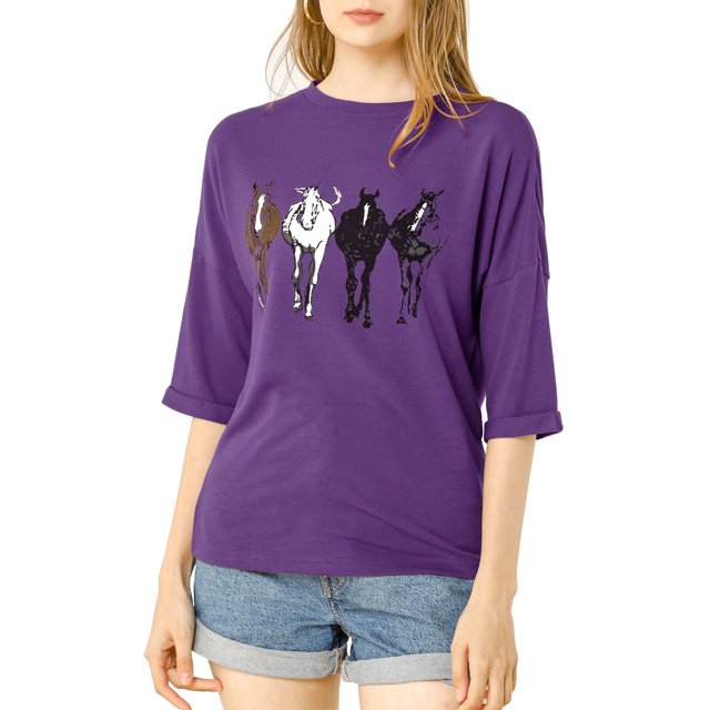 INSPIRE CHIC Woman's Drop Shoulder 3/4 Sleeves Horse Print Loose Tops