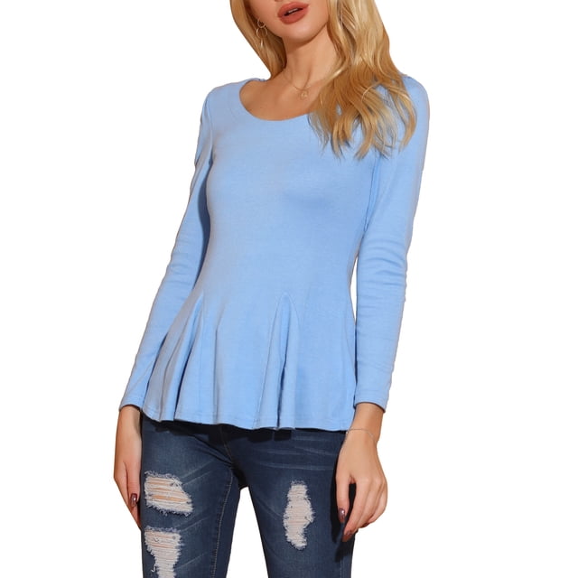 INSPIRE CHIC Hauts pour Femmes Manches Longues Col Rond Décontracté Péplum CHIC Chemise TG Bleu Pâle