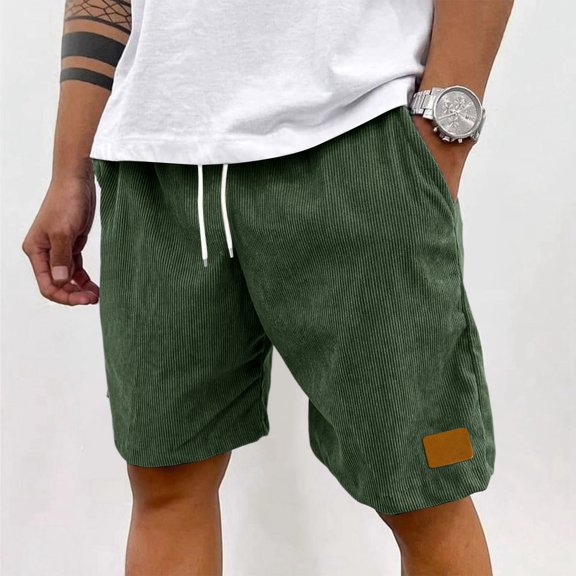 Mens Lightweight Corduroy Shorts Elastic Waist Drawstring Casual Summer Shorts Green S