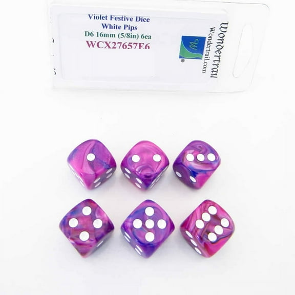 Violet Festive Dice with White Pips 16mm (5/8in) D6 Set of 6 Wondertrail