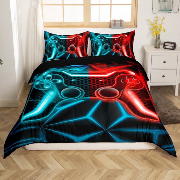 Erosebridal Video Game Comforter Cover Twin,Blue Red Neon Bedding Twin Size,Geometric Honeycomb Duvet Cover Twin,Lightweight Gamepads Bedroom Decorative,Reversible,2-Piece(No Comforter)
