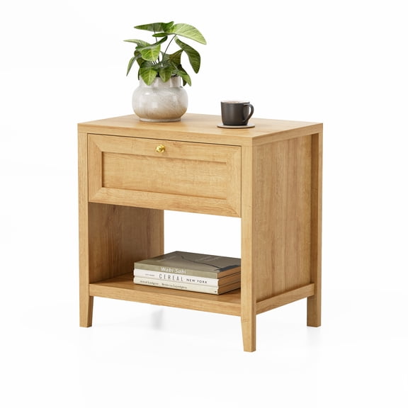 Joyyskill Farmhouse Nightstands, Modern End Table with Open Shelf and a Drawer, Large Wooden Bedside Table, Natural Oak