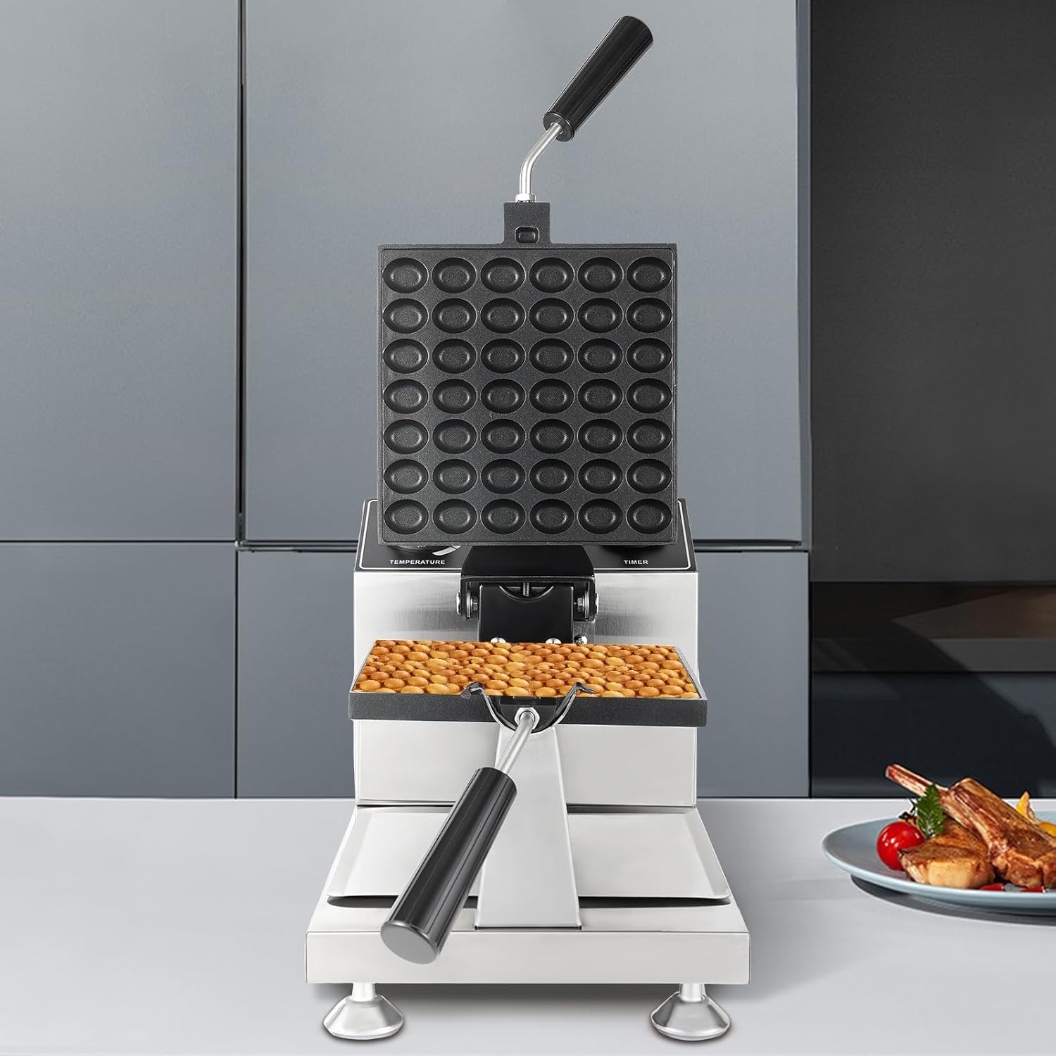 Belgian Waffle Maker, 42 Grids 1200W Nonstick Stainless Steel Mini Round Waffle Iron, 122-572°F Temp Control Range for Restaurant, Snack Bar, Food Stall (42 Grids Waffle Maker)