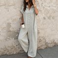 thumbnail image 2 of Women's Solid‑Color Short‑Sleeve Button‑Front Jumpsuit V‑Neck Loose Casual Wide‑Leg One‑Piece Long Pants with Pockets Gray M(M), 2 of 5