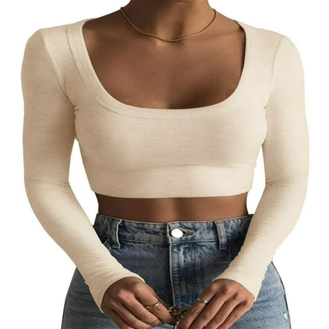 EIMELI Chemises à Manches Longues Côtelées pour Femmes Col Rond Ajusté Crop Top Ajusté Basique Décontracté Mode Urbaine Vert Armée L