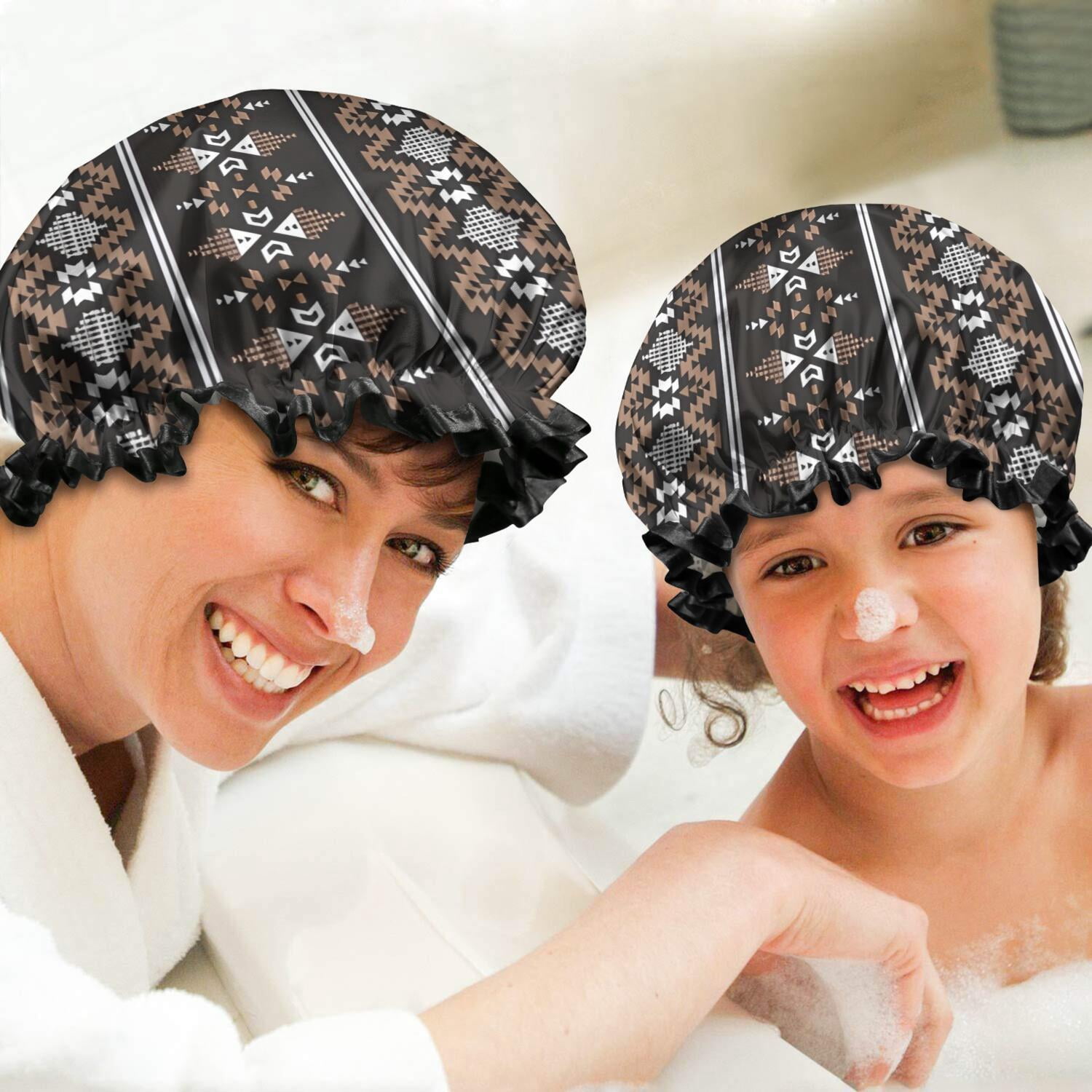 Shower Caps,Brown Striped Geometric Pattern Waterproof Shower Cap for Women 4 Pieces,Double Reusable Hair Cover for Shower PEVA Elastic Stretch Hem