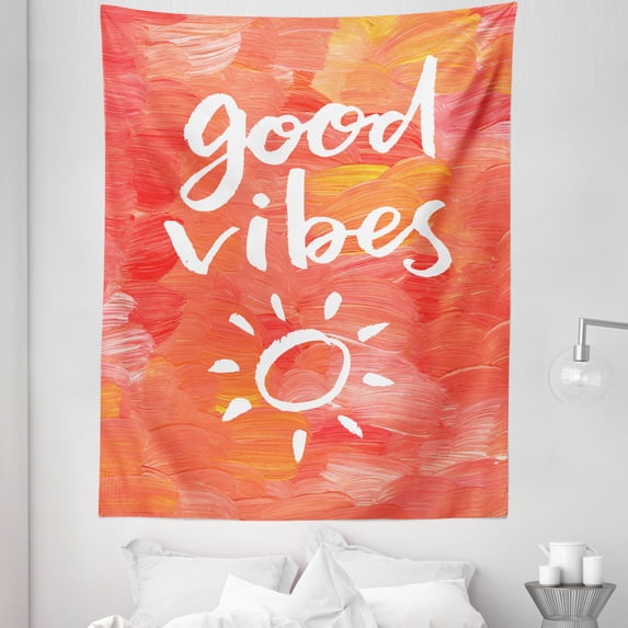 Chill Tapestry, Brushstrokes Positive Life Message Hand Drawn Sun Print, Fabric Wall Hanging Decor for Bedroom Living Room Dorm, 5 Sizes, Dark Coral White, by Ambesonne