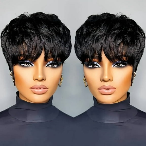 Short Wigs for Black Women Short Layered Pixie Cut Wig Human Hair Glueless None Lace Front Wig Short Straight Bob Wig Natural Black 1B Black 1b