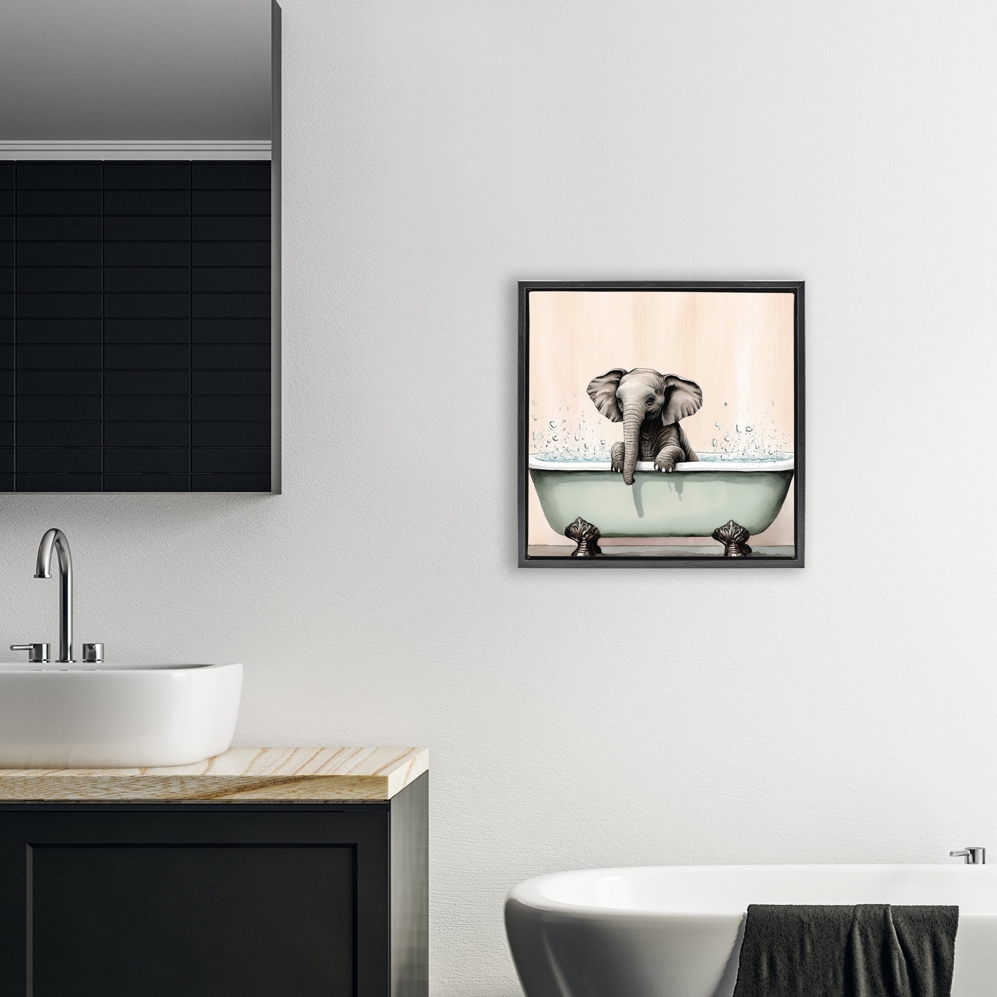 Baby Elephant Bathtime Black Framed Floater Canvas Wall Art, design by Sasha