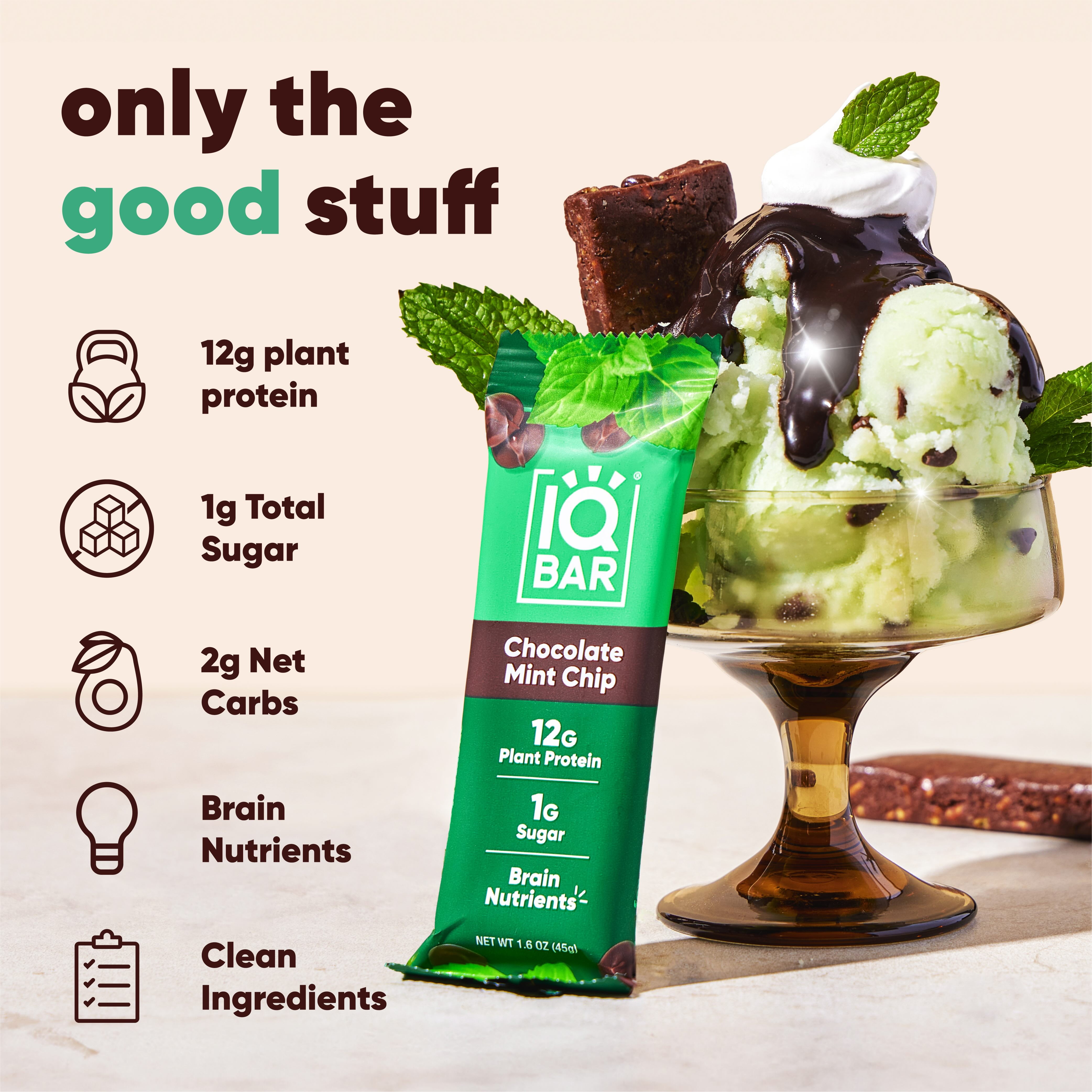 IQBAR Clean Plant Protein Bars - Chocolate Mint Chip - 12 Count - Keto, Vegan, High Fiber, Gluten and Dairy Free, Low Sugar Snack