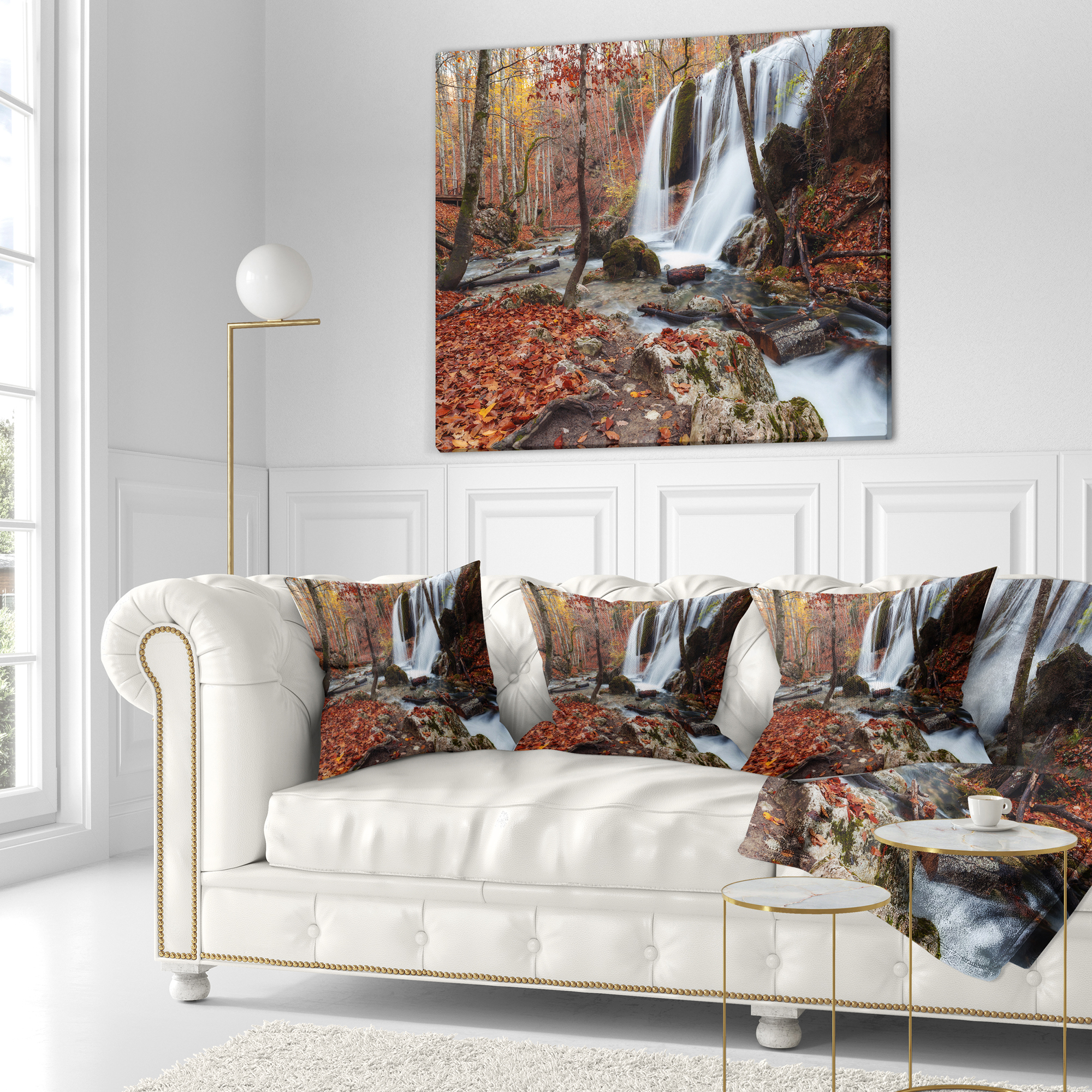 Designart Crimea Waterfall in the Fall - Landscape Photo Throw Pillow - 16x16
