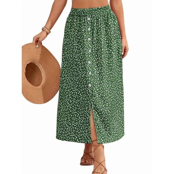 Women'S Slit Split Long Skirts High Waisted Summer Maxi Skirts Green S