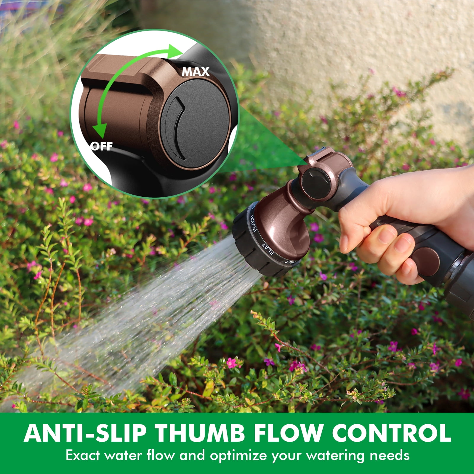 Restmo Ergonomic Zinc-alloy Garden Hose Nozzle, 7 Watering Patterns, Thumb Control, High Pressure Sprayer