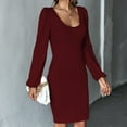 thumbnail image 4 of SWSMCLT Women's Midi Dresses Long Sleeve High Waist Spring Dress U Neck Party Fall Cocktail Fitted Backless Burgundy Large, 4 of 4