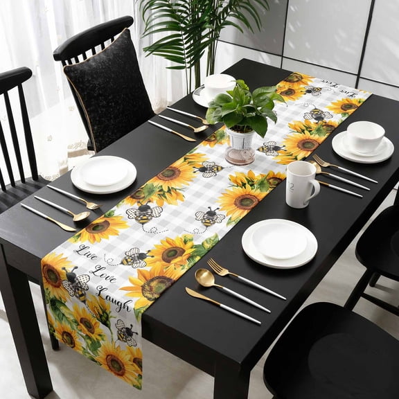 Sunflower Bee Cotton Linen Table Runner 13 x 70 inch Grey Buffalo Checkered Botanical Floral Non-slip Rectangular Dining Table Decor for Wedding Party Holiday Dinner