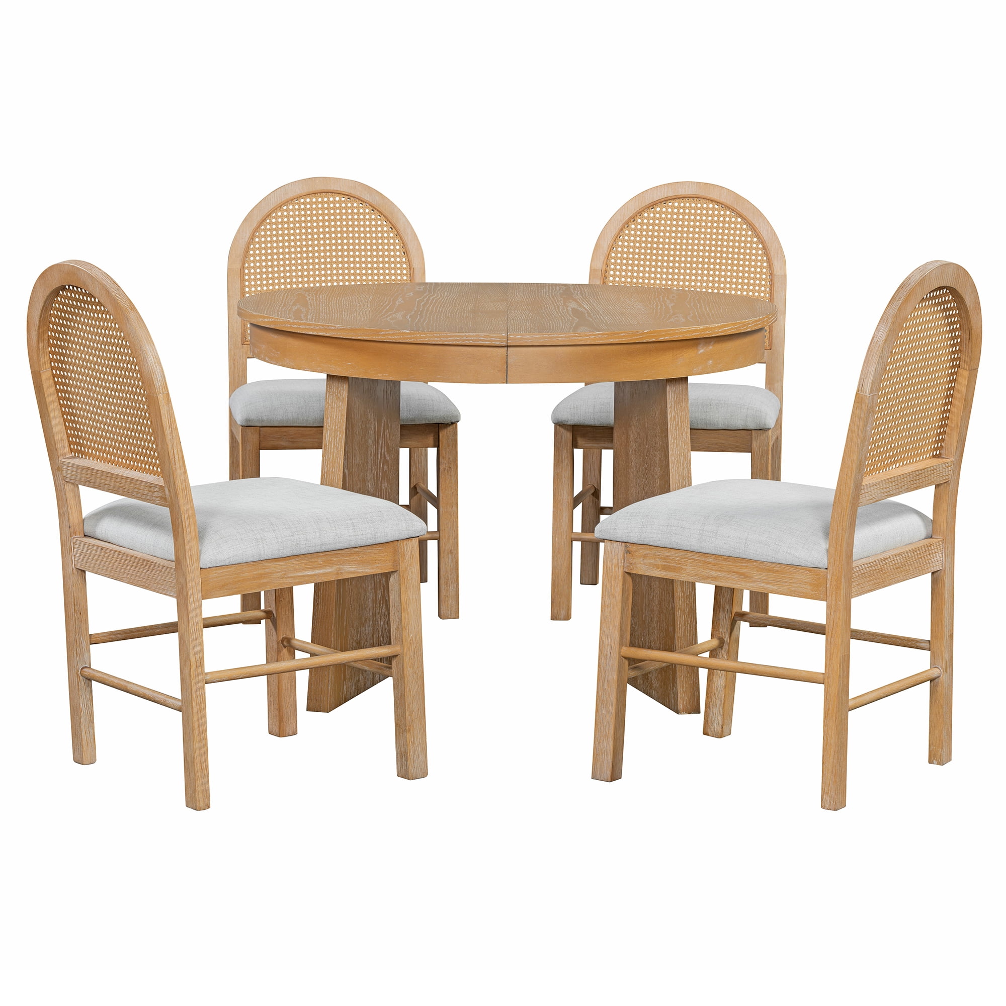 Euroco 5-Piece Round Dining Table Set for 4,Retro Extendable Kitchen Table with 4 Upholstered Chairs,Wood Kitchen Table and Chairs Set for Saving Space,Natural