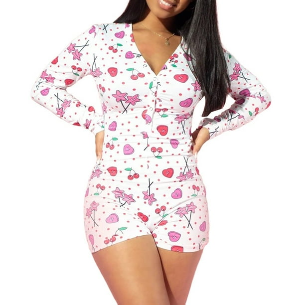 Female Nightwear Floral Print Deep V-Neck Long Sleeve Jumpsuit Bodysuit  Pajamas for Women( S/M/L/XL/XXL) 
