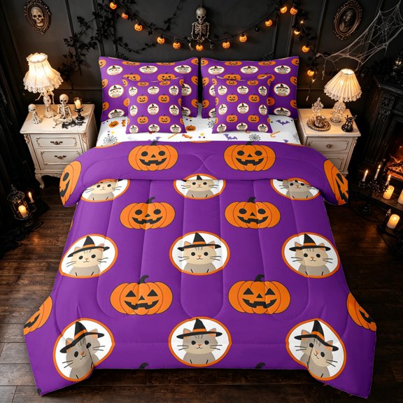 Feelyou Cute Pumpkin Twin Bedding, Cartoon Witch Cat Bedding Comforter Set, Purple Orange, Halloween Reversible, 7pcs