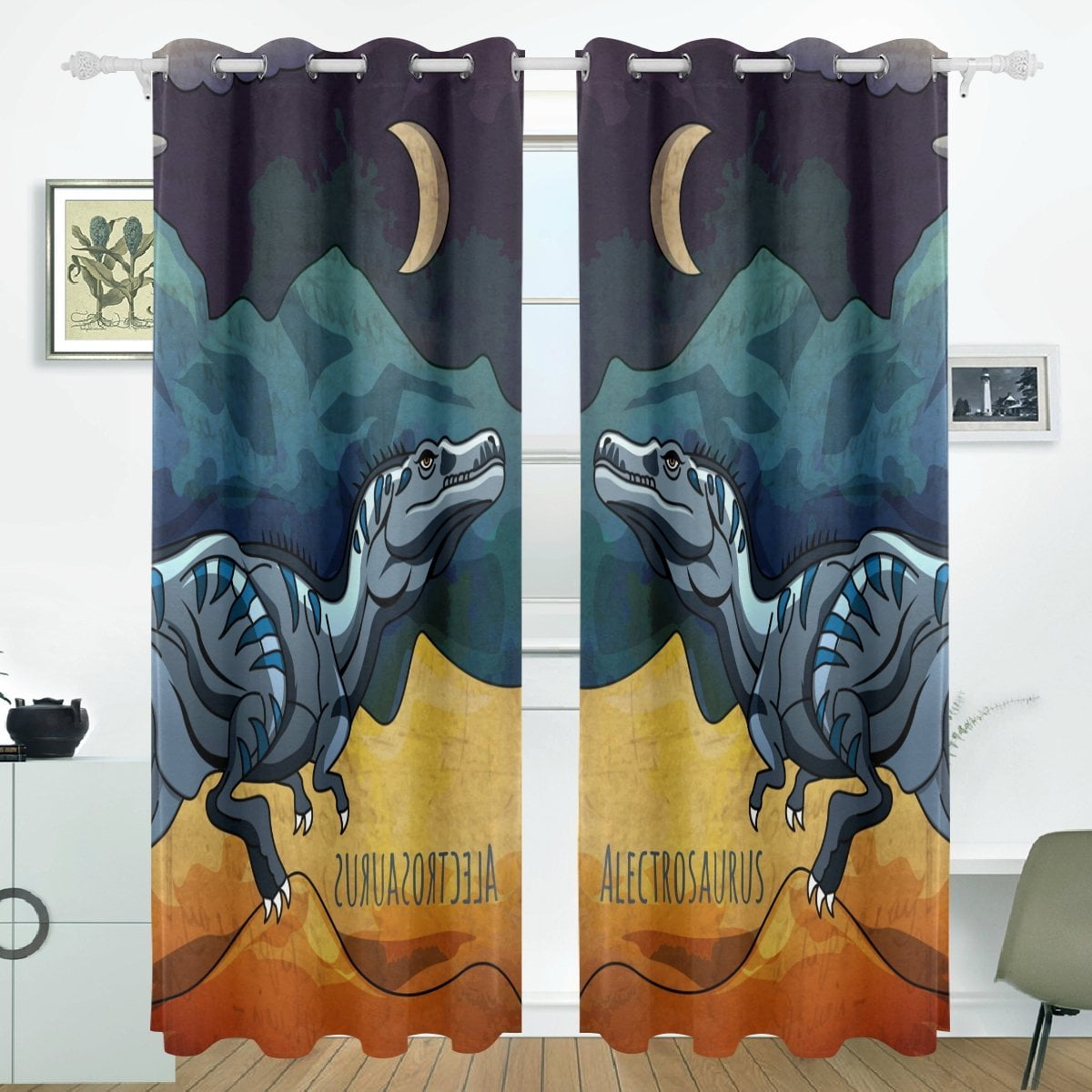 POPCreation Blue Jurassic Cartoon Dinosaur Window Curtain Blackout