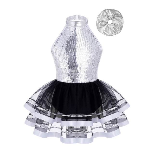 Sinleey Robe Tutu de Ballet Scintillante pour Filles Tenue de Danse Latine Jazz Moderne Costume de Performance avec Chouchous Argent 6