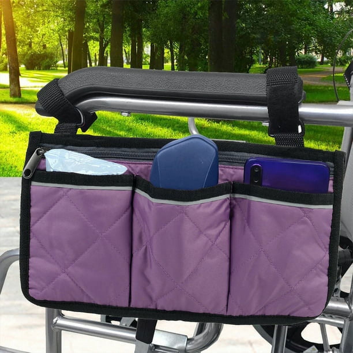 Wheelchair Armrest Side Bag Walker Accessory Organizer Bag with Reflective Stripes Waterproof Storage Pouches for Any Wheelchair Mobility Scooter Walker Rollator Carry Accessories