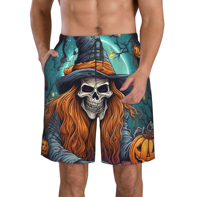 Balery Cartoon Pumpkin Skull Traje de Baño Estilo Hawaiano para Hombre, Shorts de Secado Rápido con Bolsillos-3X-Large