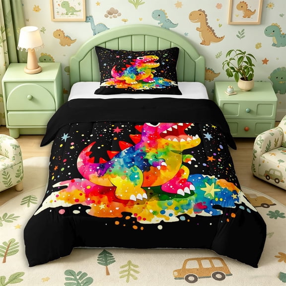 Metsweet Watercolor Dino Twin Comforter Sets 2pcs, Gradient Starry Sky Bedding Set, Pink Black,Black Reversible,1 Comforter and 1 Pillowcase