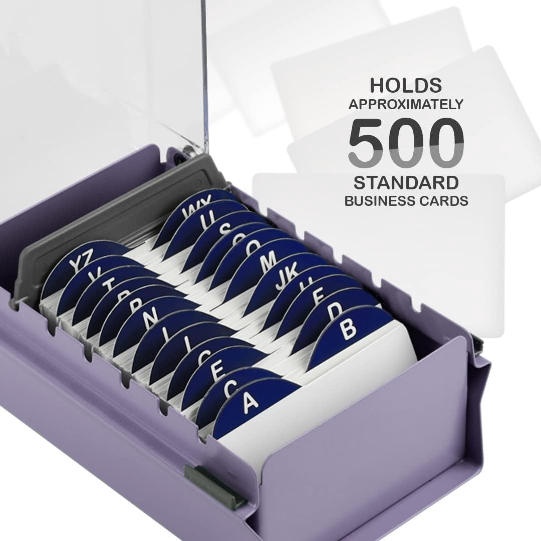 Acrimet Index Business Card Size File Holder Organizer Box Metal Base Heavy Duty (AZ Index Cards and Divider Included) (Purple Color with Clear Crystal Plastic Lid Cover)