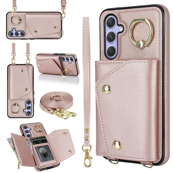 Allytechgroup Wallet Case for Samsung Galaxy A14 5G, RFID Blocking Crossbody Shoulder Strap Hand Wrist Cards Holder Ring Stand Bumper Drop Protection Phone Case for Girls Women, Rosegold