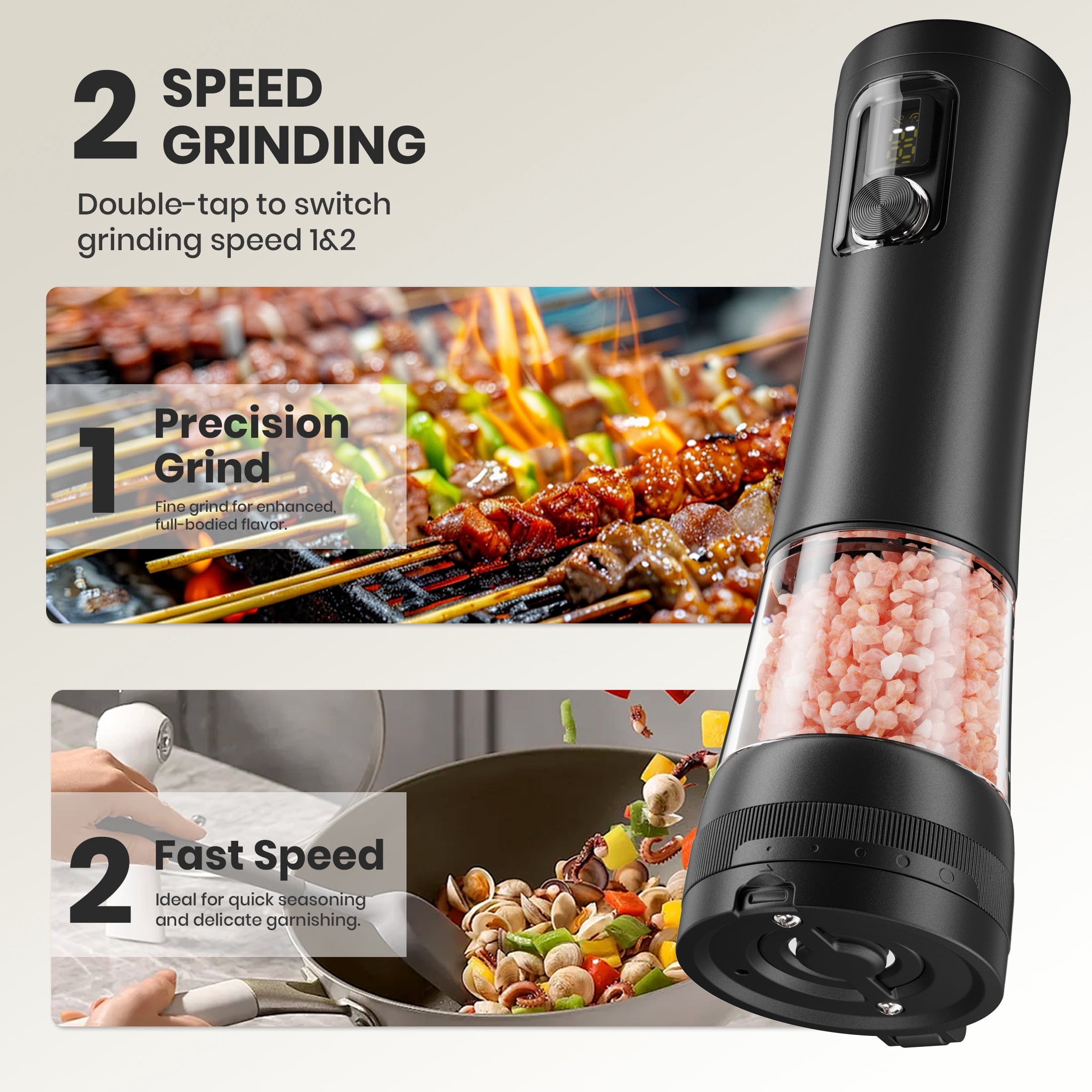 Moreblue Electric Salt and Pepper Grinder Set, Automatic Rechargeable Salt and Pepper Shaker with LED light, Pepper Mill with 5 Adjustable Coarseness(Black)