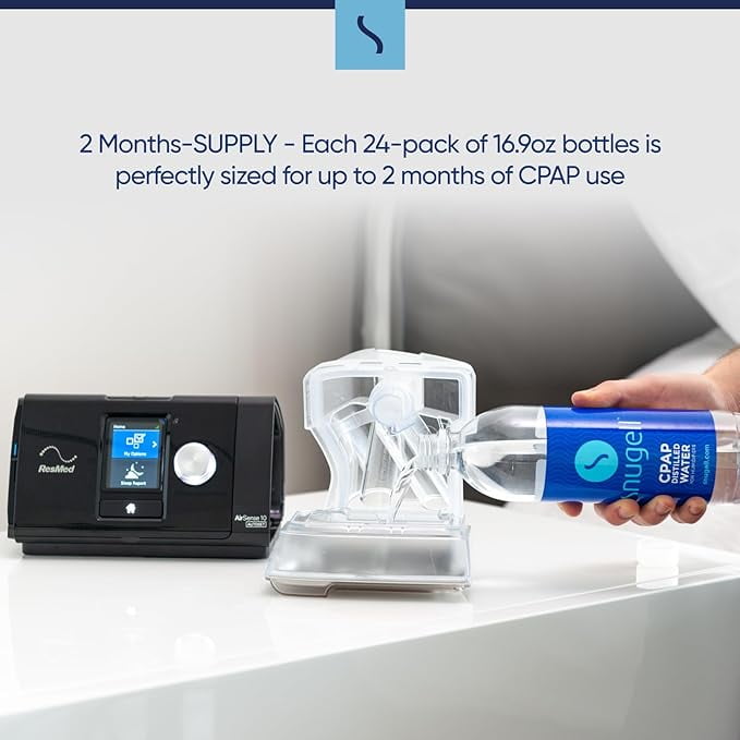 Distilled Water for CPAP Machines by Snugell (24-Pack, 16.9 oz) – Up to 60 Days Supply – Compact, Travel-Friendly, Clean and Multi-Use – Made in USA